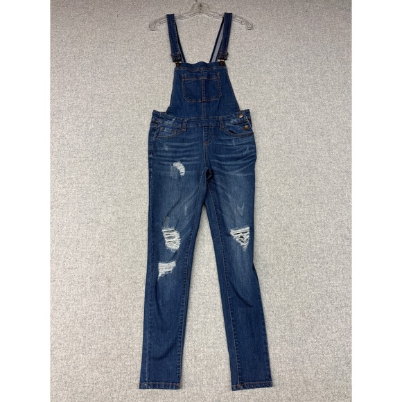 Wax Jean Denim - Wax Jean Distressed Denim Overalls Small Dark Blue Ripped Slim Stretch 90092